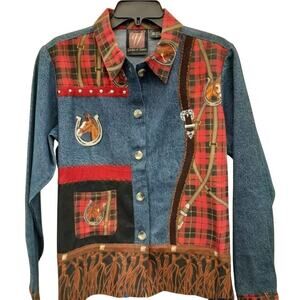 Vintage Gordon & James Western Denim Shirt Horseshoe Plaid Fringe Size L